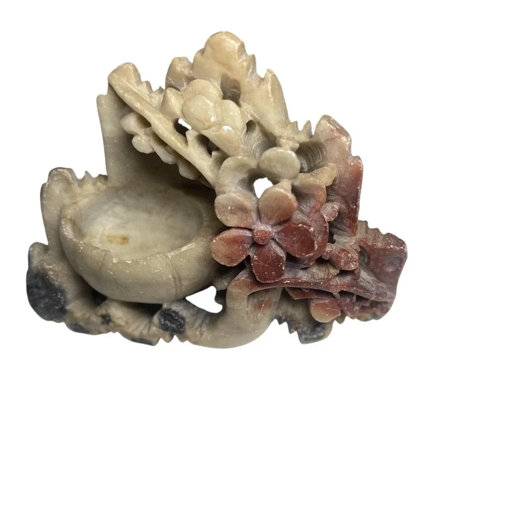 Hand Carved Stone Incense Holder‎ Lotus Flower Dragon Motif